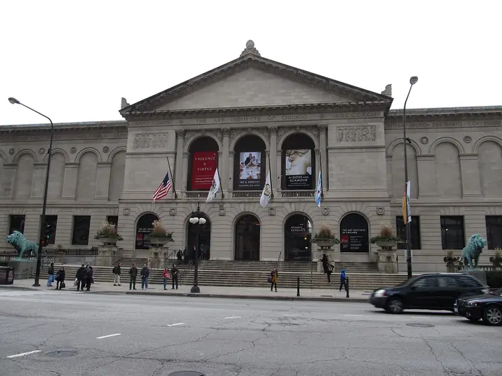 The Beaux-Arts facade of the Art Institute of Chicago on Michigan Avenue, with its bronze lions guarding the steps.